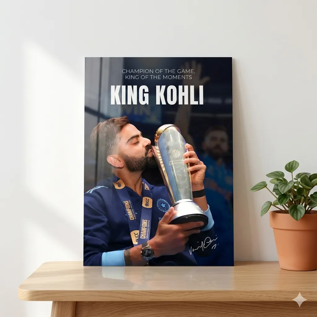 Virat Kohli King Poster – Champion Trophy Metal Wall Art — Cricket metal print wall art India